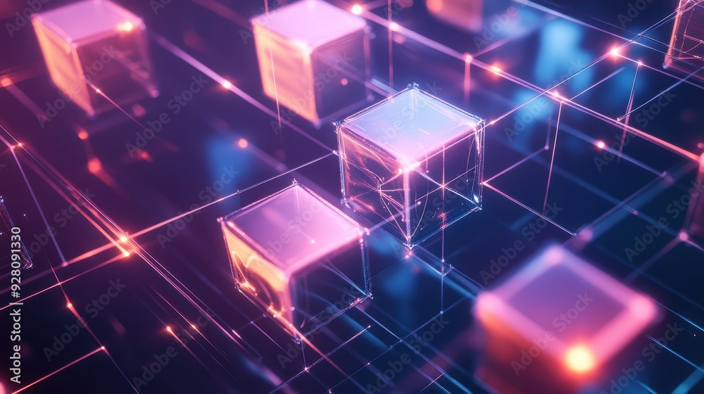 Obraz premium Abstract Neon Cubes Connected by Glowing Lines - Futuristic Technology and Network Concept.