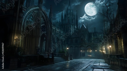 Gothic Cathedral Gargoyles Overlooking Moonlit Courtyard with Haunting Shadows