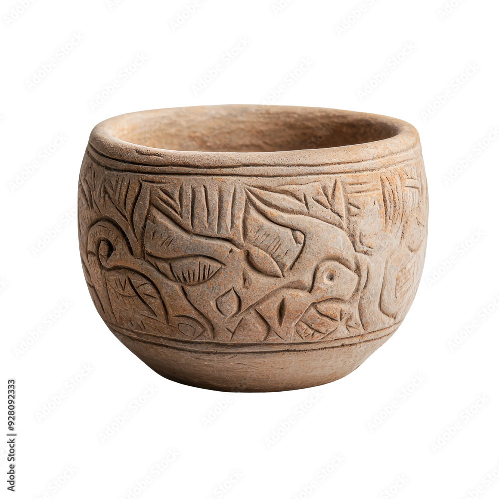 Ancient clay pot with intricate carvings depicting birds and nature. Ideal for showcasing pottery and cultural heritage Ancient clay pot with intricate carvings depicting birds and nature. Ideal for showcasing pottery and cultural heritage