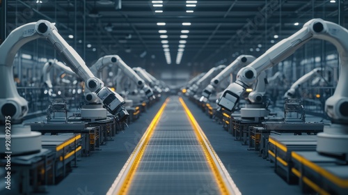 Automated Production Line with Industrial Robots in Factory.