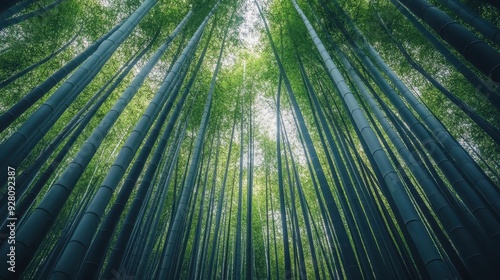 Lush Green Bamboo Forest Canopy, Sunlight Filtering Through Branches, Natural Pattern, Nature Background.