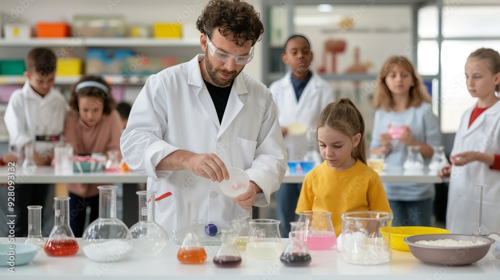 A scientist conducts an engaging experiment with children, showcasing colorful mixtures in a modern lab environment. A scientist conducts an engaging experiment with children, showcasing colorful mixtures in a modern lab environment.