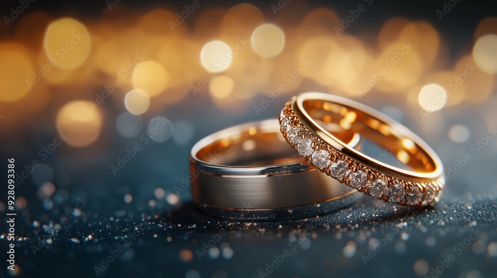 Close up of elegant wedding bands with sparkling diamonds against a softly lit background. Close up of elegant wedding bands with sparkling diamonds against a softly lit background.
