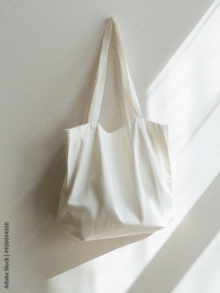 White Tote Bag Hanging on White Wall with Soft Light and Shadows White Tote Bag Hanging on White Wall with Soft Light and Shadows