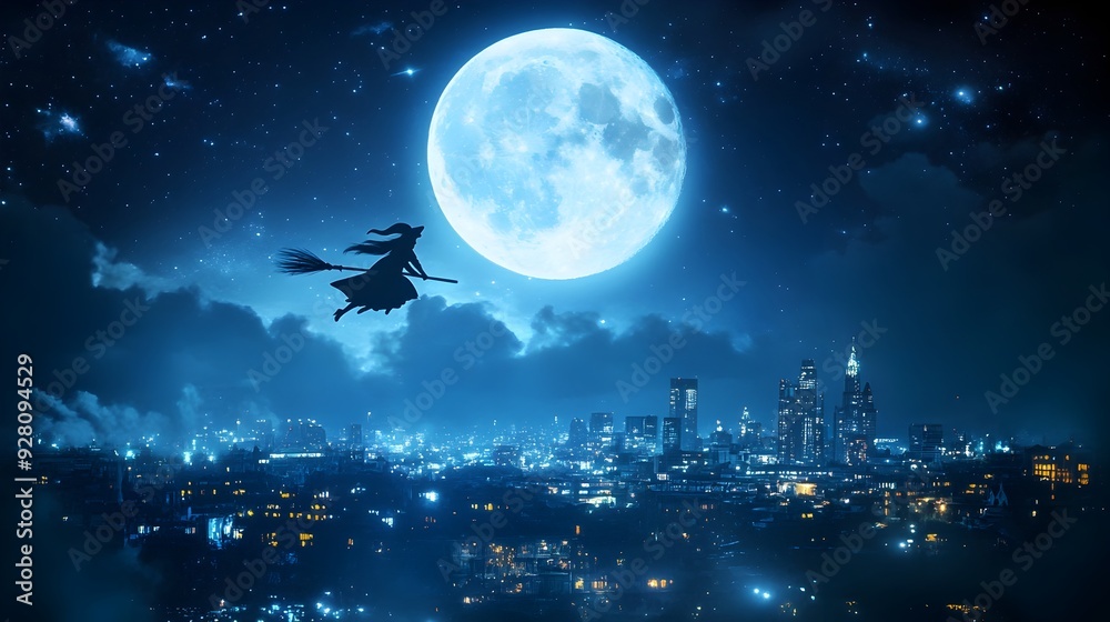 Witch Soaring Over a Twinkling Cityscape Under Moonlight Witch Soaring Over a Twinkling Cityscape Under Moonlight