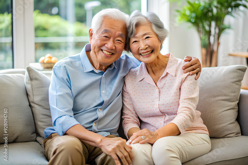 Senior asian couple happy loving sitting on couch at home