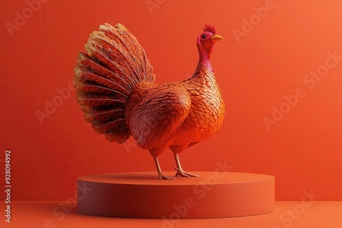 Vibrant orange turkey sculpture on a matching pedestal against an orange backdrop, showcasing artistic creativity and design. photo