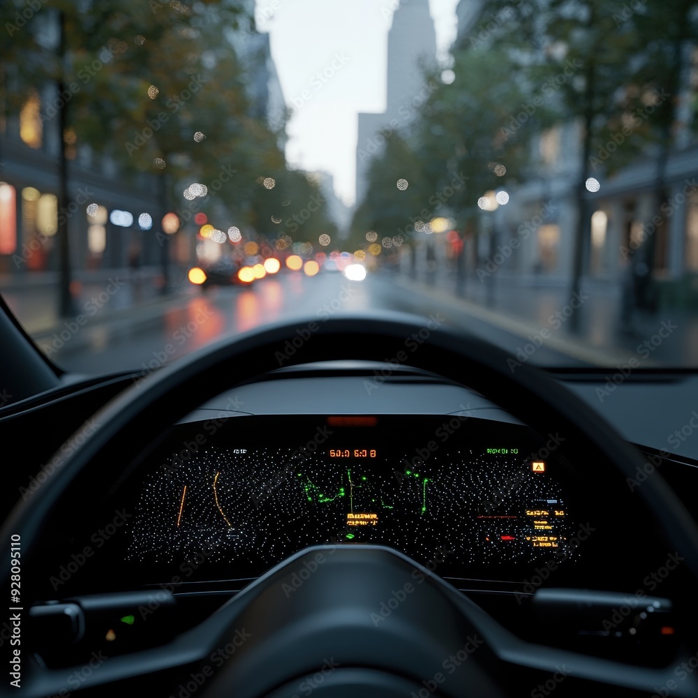 Futuristic Car Interior with Digital Dashboard and Night City Lights. Futuristic Car Interior with Digital Dashboard and Night City Lights.