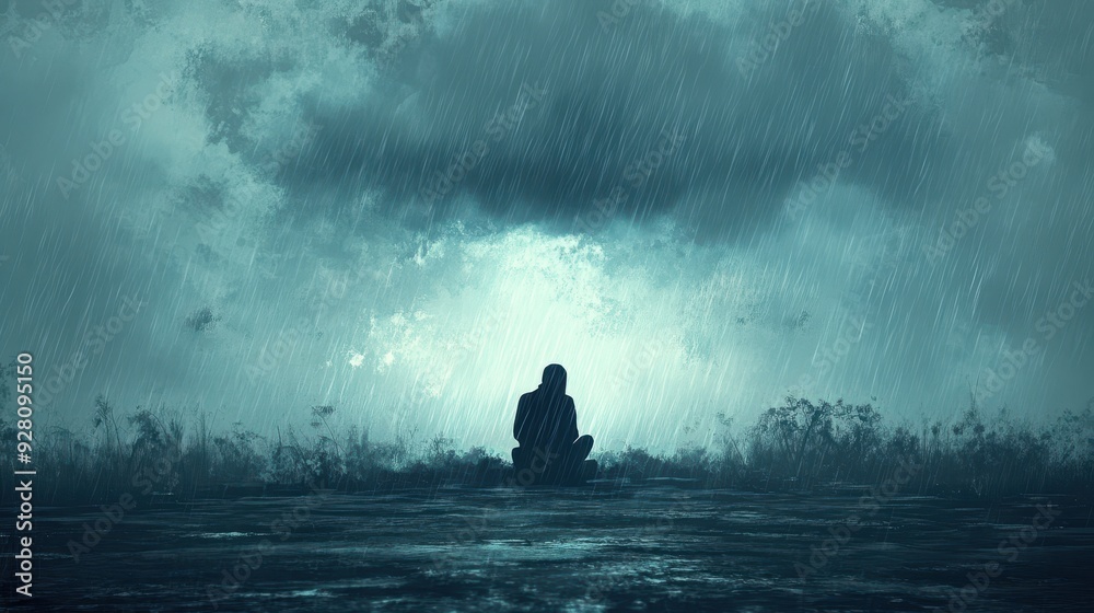 Silhouette of a Person Sitting Alone in the Rain, Dark Moody and Atmospheric Art. Silhouette of a Person Sitting Alone in the Rain, Dark Moody and Atmospheric Art.