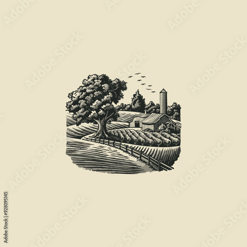 agricultural land farm vintage engraving style design vector illustration