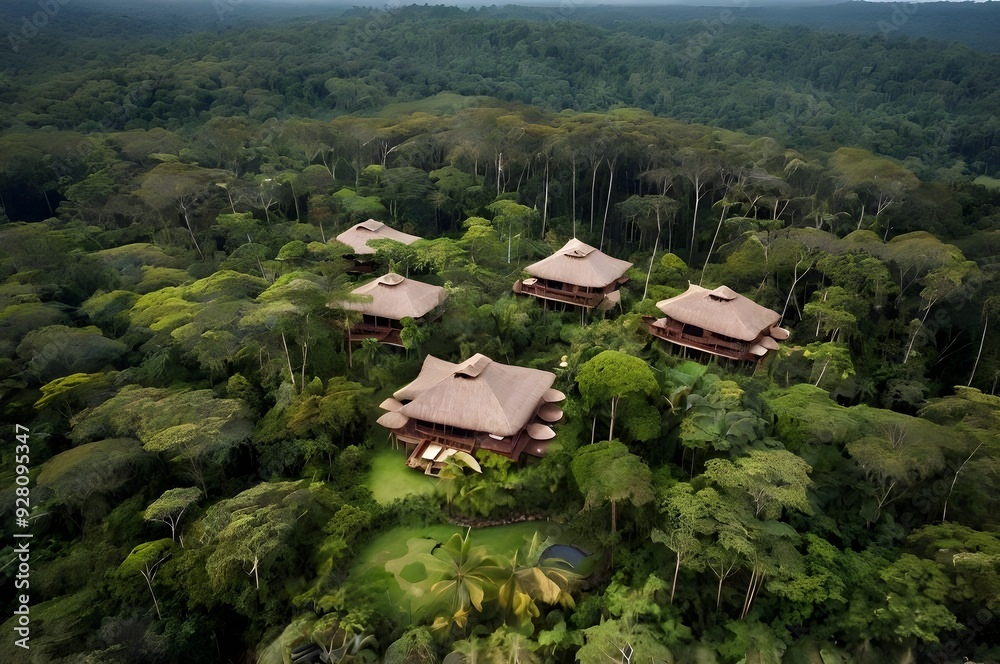 Stunning aerial view of a pristine rainforest showcasing eco-friendly lodges nestled among lush trees, emphasizing sustainable tourism and conservation efforts in tropical regions. Stunning aerial view of a pristine rainforest showcasing eco-friendly lodges nestled among lush trees, emphasizing sustainable tourism and conservation efforts in tropical regions.
