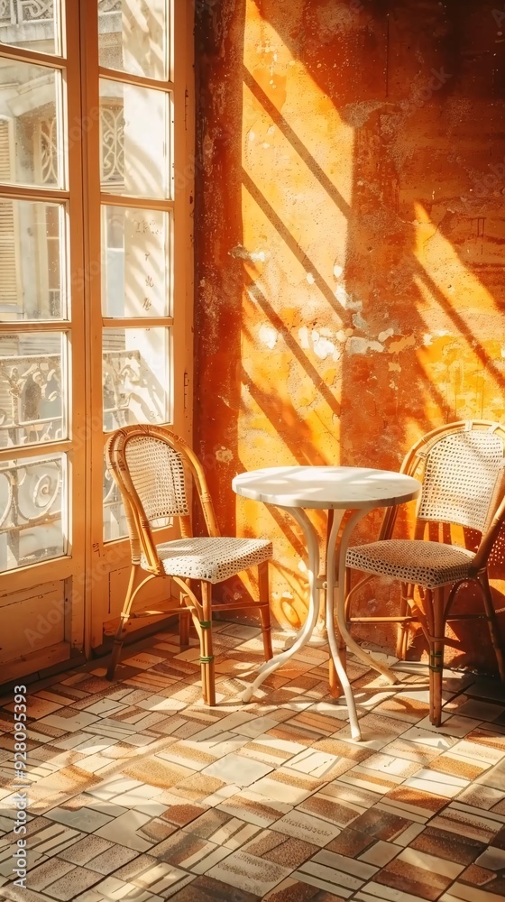 interior of an old café, sunlight streaming, window, vintage tiles on the floor and a small white table with two chairs, close-up, intricate, texture of aged wood, glow, sun interior of an old café, sunlight streaming, window, vintage tiles on the floor and a small white table with two chairs, close-up, intricate, texture of aged wood, glow, sun