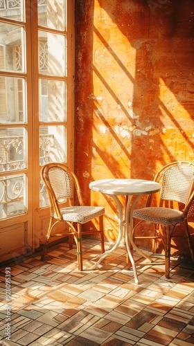  interior of an old caf    sunlight streaming  window  vintage tiles on the floor and a small white table with two chairs  close-up  intricate  texture of aged wood  glow  sun