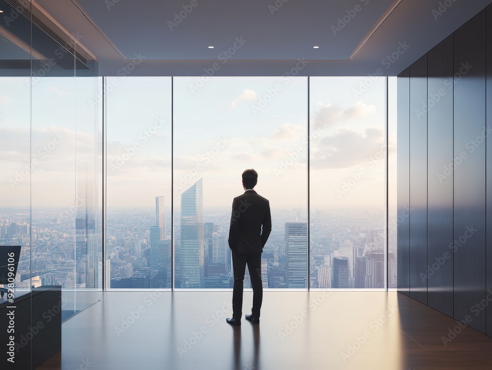 Businessman Looking Out Window at Cityscape from High-Rise Office Building. Businessman Looking Out Window at Cityscape from High-Rise Office Building.
