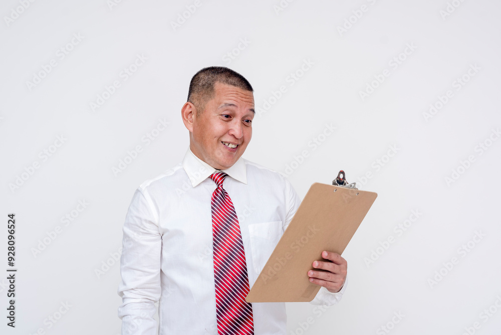A middle aged asian manager pleased while reading a positive report on his clipboard. Isolated on a white background. A middle aged asian manager pleased while reading a positive report on his clipboard. Isolated on a white background.