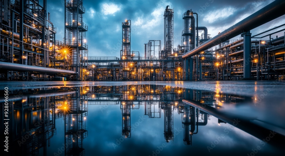 Fototapeta premium A gas storage facility with a reflection on the floor, surrounded