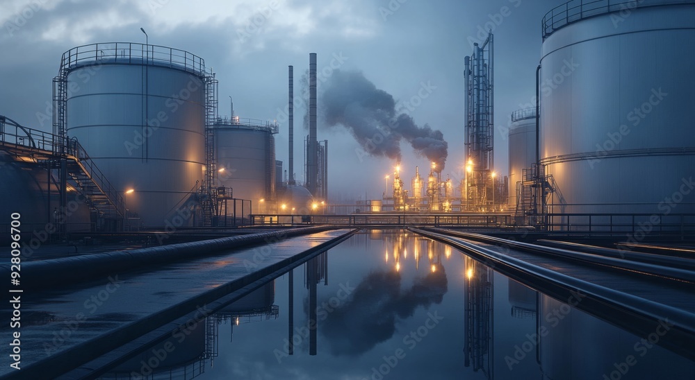 A gas storage facility with a reflection on the floor, surrounded A gas storage facility with a reflection on the floor, surrounded