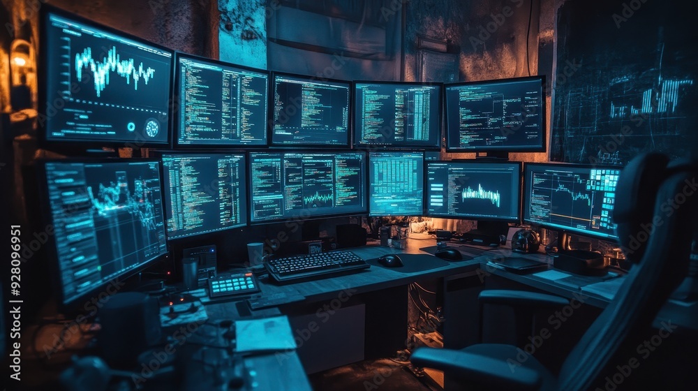 Multiple Computer Monitors Displaying Data and Code in a Dark Room. Multiple Computer Monitors Displaying Data and Code in a Dark Room.
