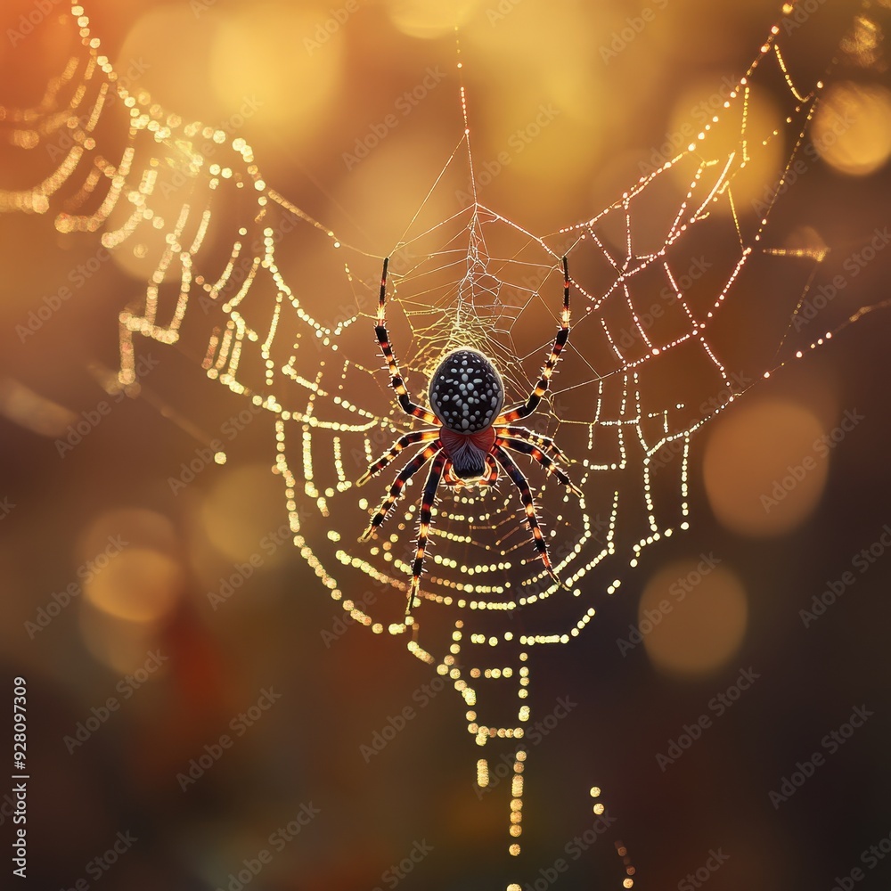 Spider in Web With Dew Drops and Bokeh Lights. Spider in Web With Dew Drops and Bokeh Lights.