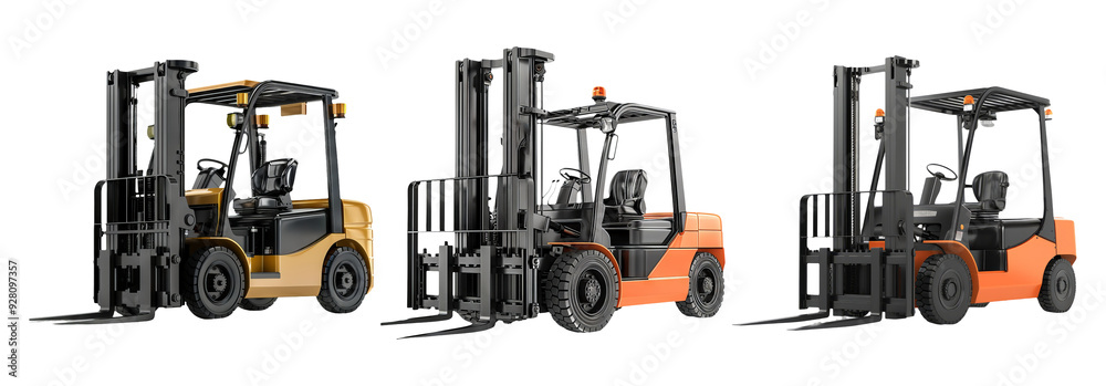 Fototapeta premium Forklifts set isolated on transparent background with industrial lifting equipment
