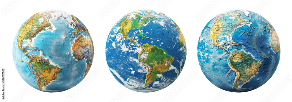 Globes set isolated on transparent background with detailed representations of the Earth Globes set isolated on transparent background with detailed representations of the Earth