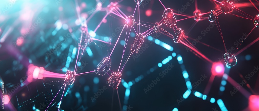 Abstract 3D Render of Interconnected Geometric Shapes with Neon Lights, Network Concept.