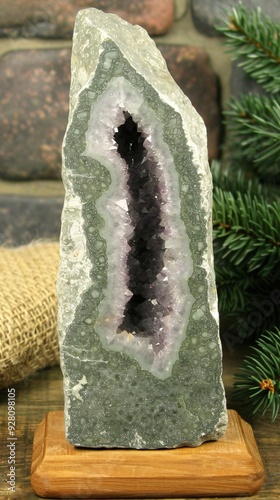 long narrow piece of chalcedony with black veins and greenish-white patterns on the surface is displayed in an open-space stand for display, with pine branches, interior, deep purple, like amethyst photo