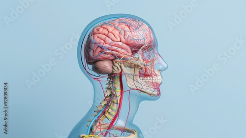 Detailed anatomical illustration showcasing the human head, brain, and nervous system against a light blue background.