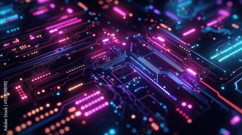 Abstract Futuristic Circuit Board with Neon Lights - Technology Background