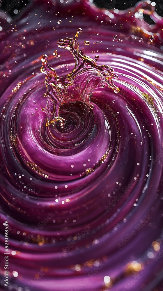 Φωτογραφία up of swirling purple liquid with gold glitter, resembling the interior of an on
