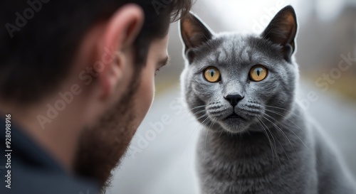 Intense feline gaze meets human reflection. A close up of a cat's face with intense eyes, reflecting the image of a person, creating a powerful sense of connection between human and feline.