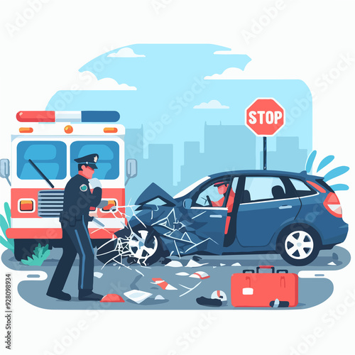 A police officer is standing next to a car that has been in an accident