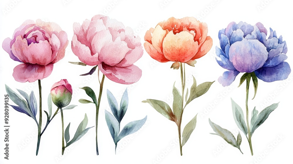 Delicate watercolor peonies with soft pastel hues on white background. Delicate watercolor peonies with soft pastel hues on white background.
