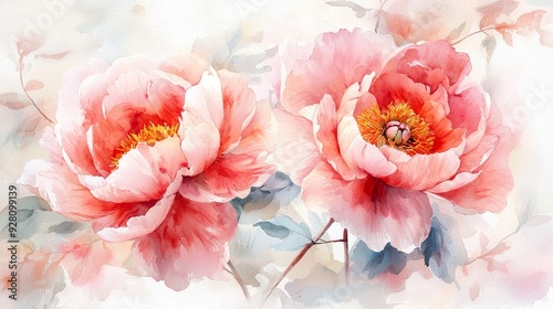 Fototapeta Naklejka Na Ścianę i Meble -  Delicate watercolor peonies with soft pastel hues on white background.