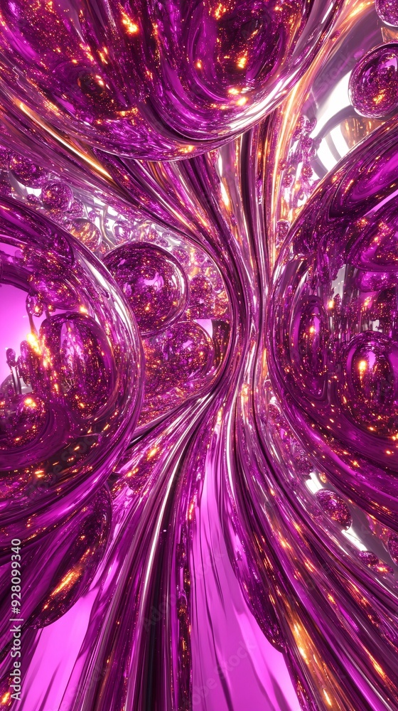 Φωτογραφία Digital art of an endless purple and pink tunnel with reflective futuristic cityscape glass-like structure