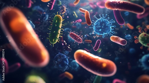 Depiction of bacteria and viruses interacting, illustrating how they cause disease in the human body for educational content