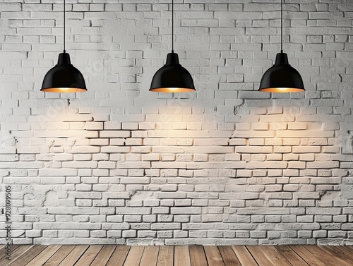 Three Black Pendant Lights Hanging Over a White Brick Wall with Wooden Flooring photo