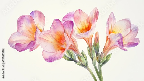 Watercolor freesia flowers with intricate details and soft shading.