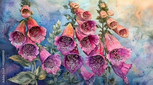 Watercolor foxglove flowers with delicate, intricate patterns. photo