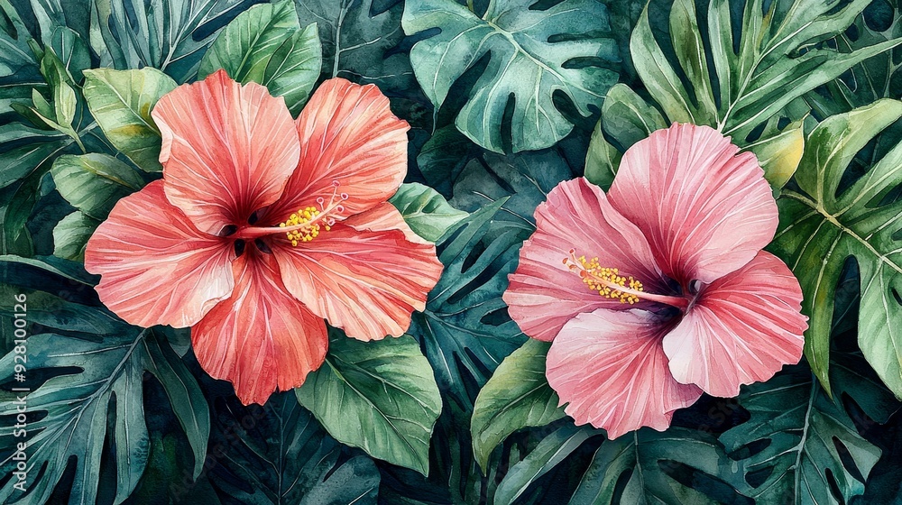 Watercolor hibiscus flowers with tropical leaves in the background. Watercolor hibiscus flowers with tropical leaves in the background.