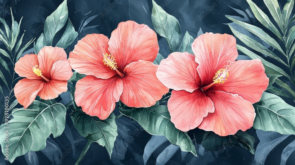 custom made wallpaper toronto digitalWatercolor hibiscus flowers with tropical leaves in the background.