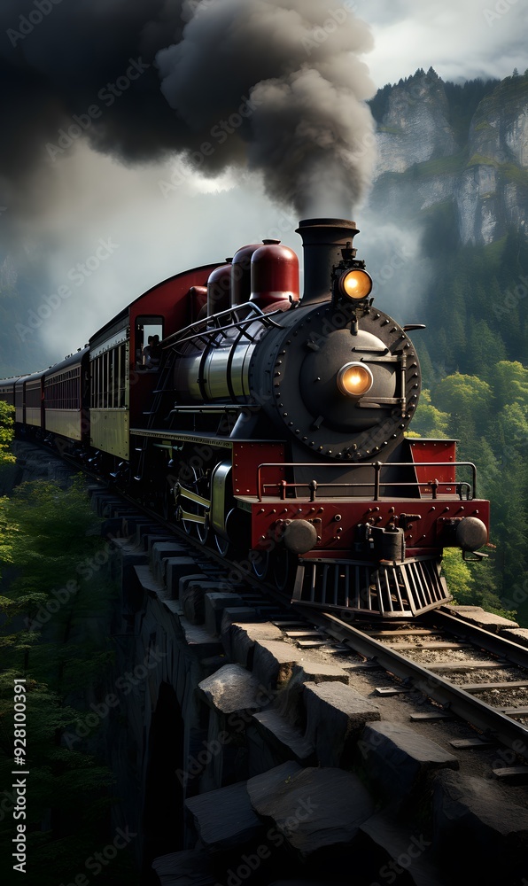Fototapeta premium A beautiful old red locomotive with a long body passes through a picturesque landscape. This photo captures the train crossing an old bridge with lush forest and towering mountains in the background