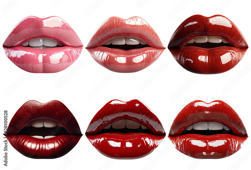 Set of various glossy lips in different shades isolated on transparent background Set of various glossy lips in different shades isolated on transparent background
