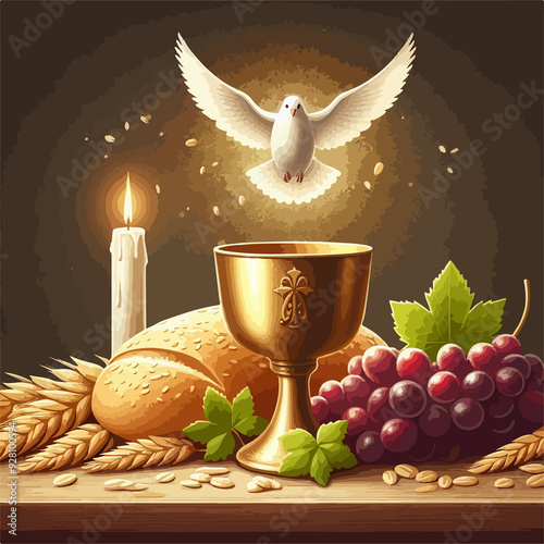 A painting of a candle, a bird, and grapes