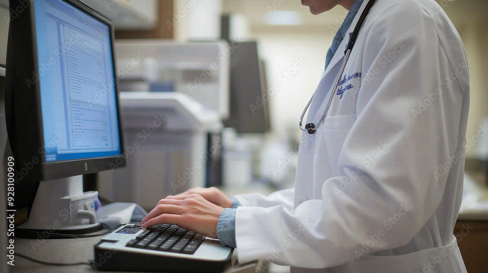 Doctor wearing white coat typing on computer keyboard at clinic Doctor wearing white coat typing on computer keyboard at clinic