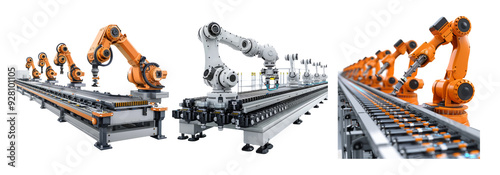 Industrial robotic arms in manufacturing assembly lines isolated on transparent background