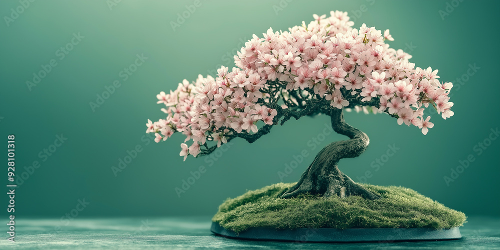 Japanese cherry blossom bonsai tree blooming on green background Japanese cherry blossom bonsai tree blooming on green background
