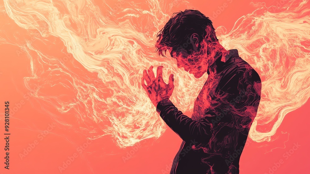 Create a striking digital illustration of a person writhing in pain, clutching their stomach from a birds-eye perspective Emphasize discomfort and burning sensations Create a striking digital illustration of a person writhing in pain, clutching their stomach from a birds-eye perspective Emphasize discomfort and burning sensations