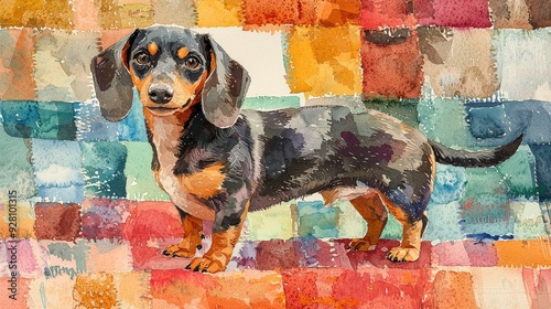 Watercolor Dachshund with long body, standing on a colorful rug.