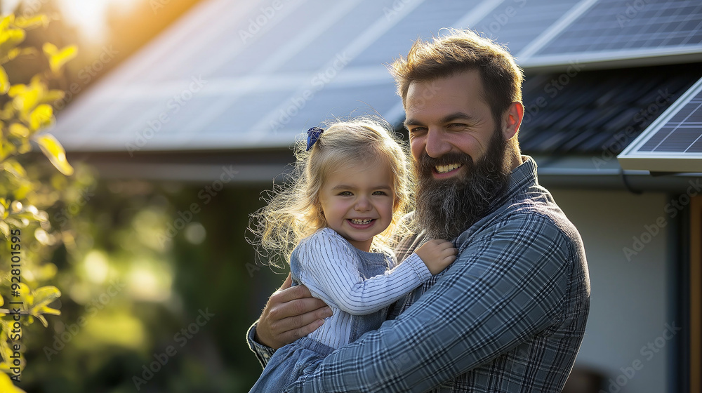 Obraz premium Father and daughter smiling with solar panels on house in background